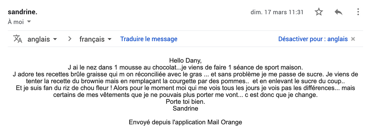 Témoignage de Sandrine : J'adore tes recettes certains de mes vêtements que je ne pouvais plus porter me vont c'est donc que je change